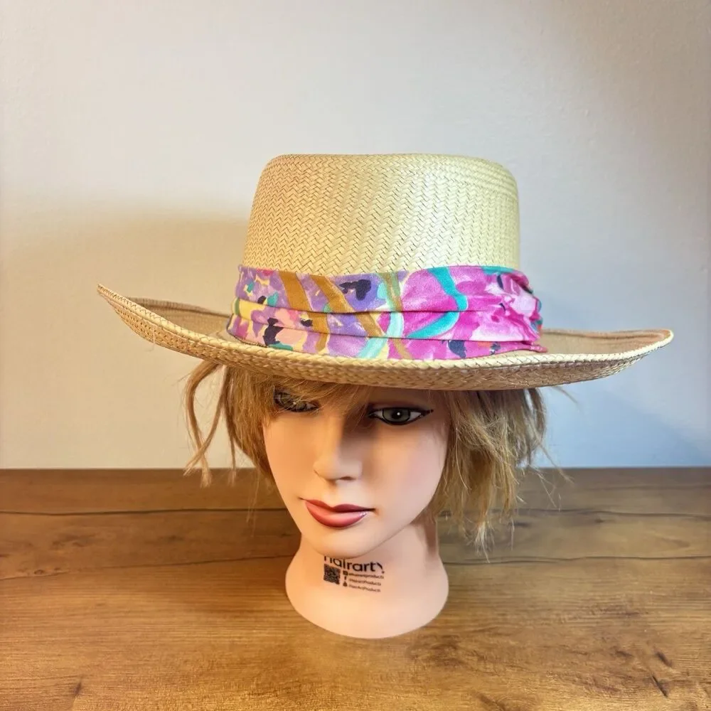 Vintage Straw Fedora Panama Hat Floral Scarf Band Wide Brim Summer Beach